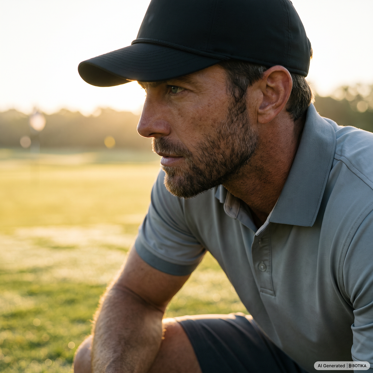 A man in a black baseball cap and gray polo shirt crouching on a grassy field during golden hour, looking off-camera.