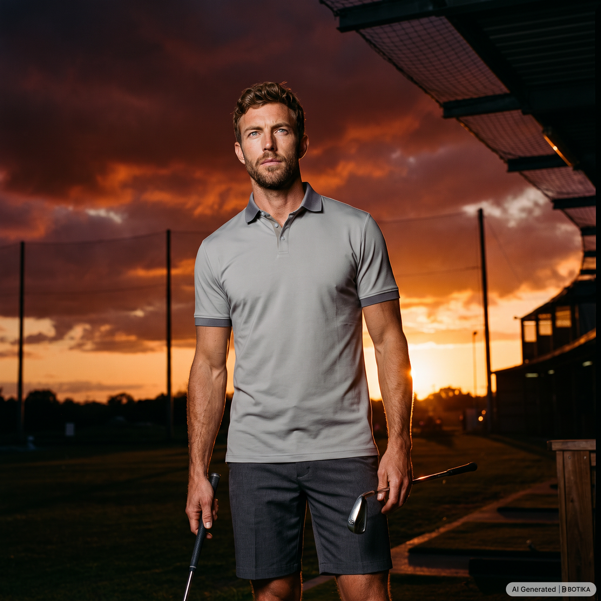 A man wearing a light gray short-sleeve polo shirt and dark gray shorts stands on a golf course at sunset, holding golf clubs. The background features a dramatic orange and red sky with a building structure on the right.