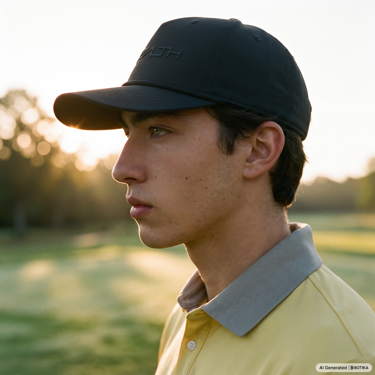 A man in profile wearing a black baseball cap with a subtle embossed logo and a pale yellow polo shirt, photographed outdoors in warm golden hour light with a blurred grassy background.