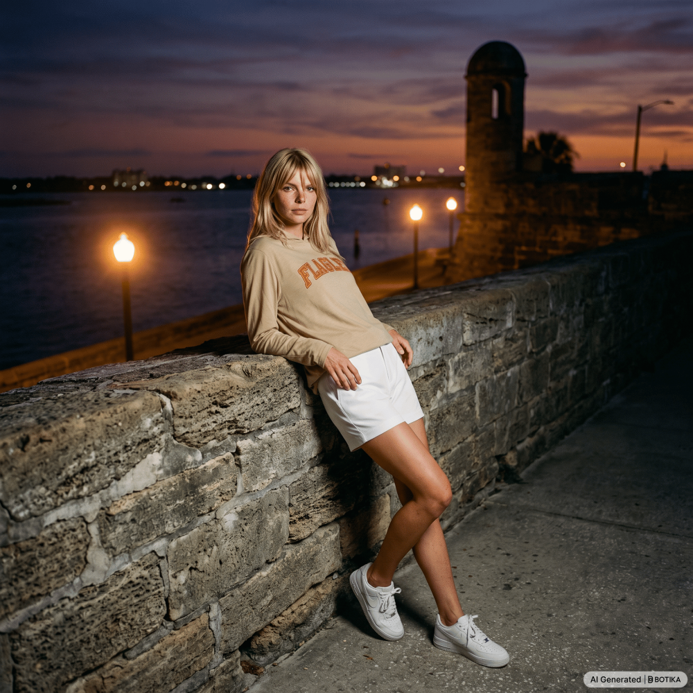 A woman leans against a stone wall at dusk by the water, wearing a beige sweatshirt with orange lettering, white shorts, and white sneakers. A lit tower and shoreline are visible in the background.