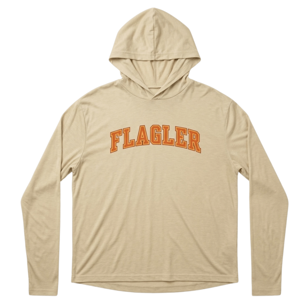 Front view of Flagler Saints UPF 50+ hooded sun shirt with chest artwork