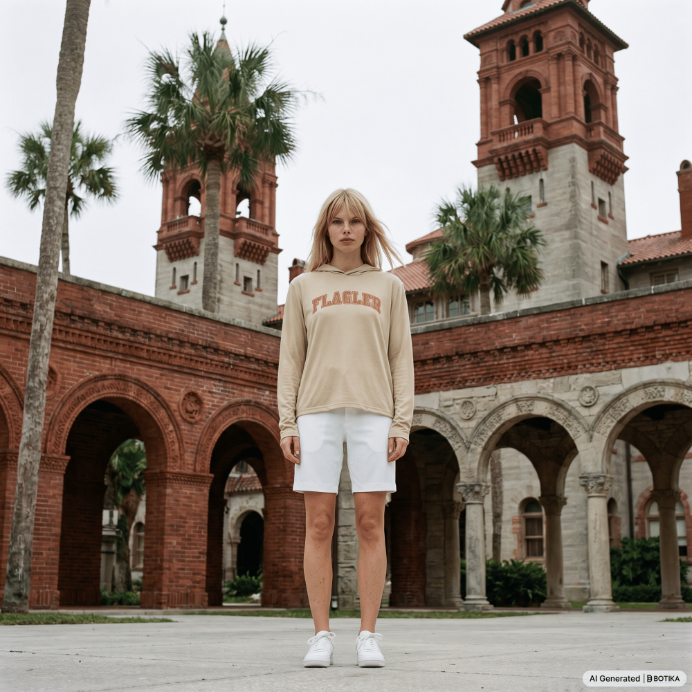 A woman stands in front of a large red brick colonnade with palm trees and towers, wearing a beige hoodie with 'FLAGLER' printed across the chest, white shorts, and white sneakers.