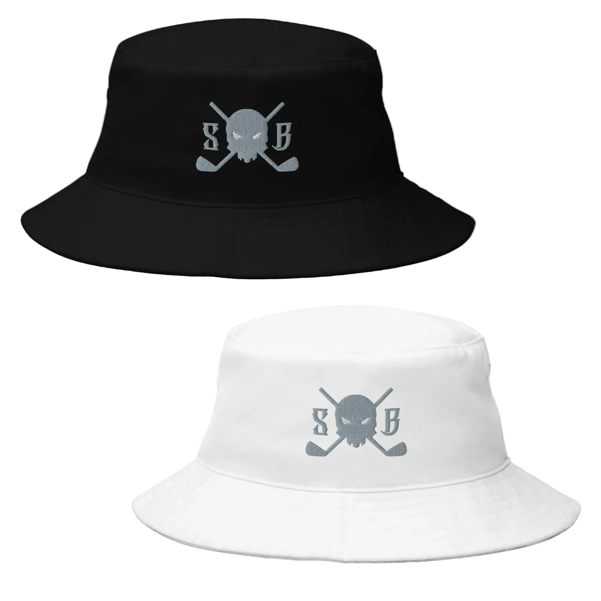 Black and white bucket hats with skull and crossbones design on a transparent background