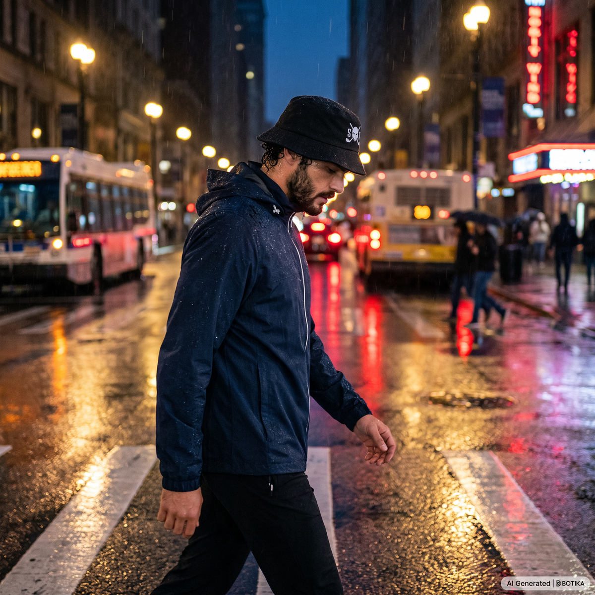 A man wearing a navy blue hooded jacket and a black bucket hat walks across a city crosswalk at night in the rain. The street is wet with reflections of streetlights and vehicles, and blurred pedestrians and buses are visible in the background.