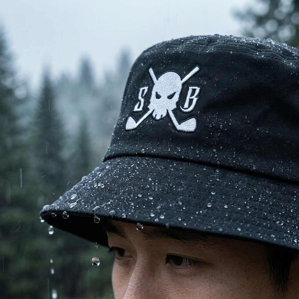 A close-up of a person wearing a black bucket hat with a white embroidered skull and crossed items design on the front, with raindrops on the brim and blurred trees in the background.