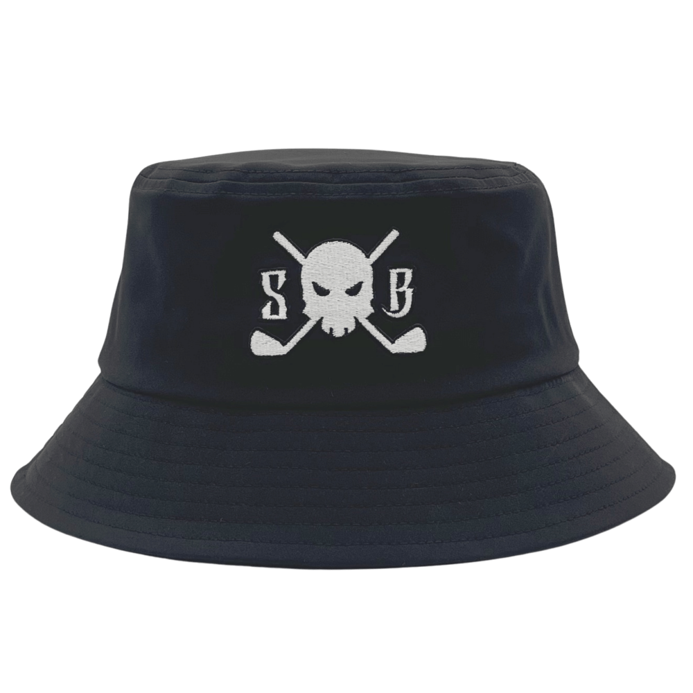 A dark black bucket hat featuring a white embroidered graphic on the front with a skull, crossed golf clubs, and the letters 'S' and 'B'.