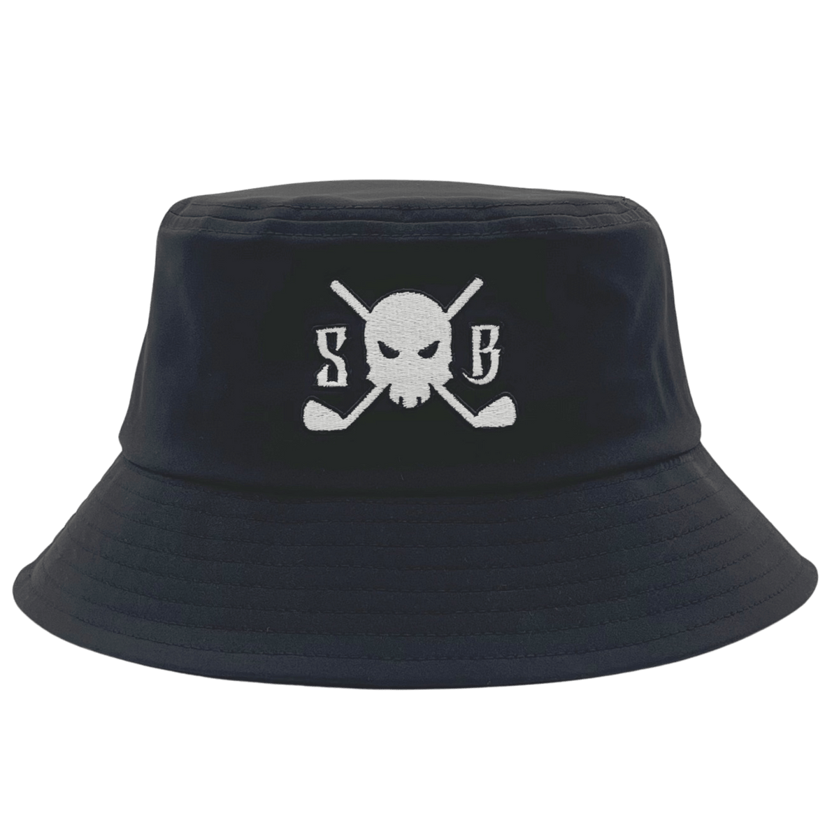 A dark black bucket hat featuring a white embroidered graphic on the front with a skull, crossed golf clubs, and the letters 'S' and 'B'.