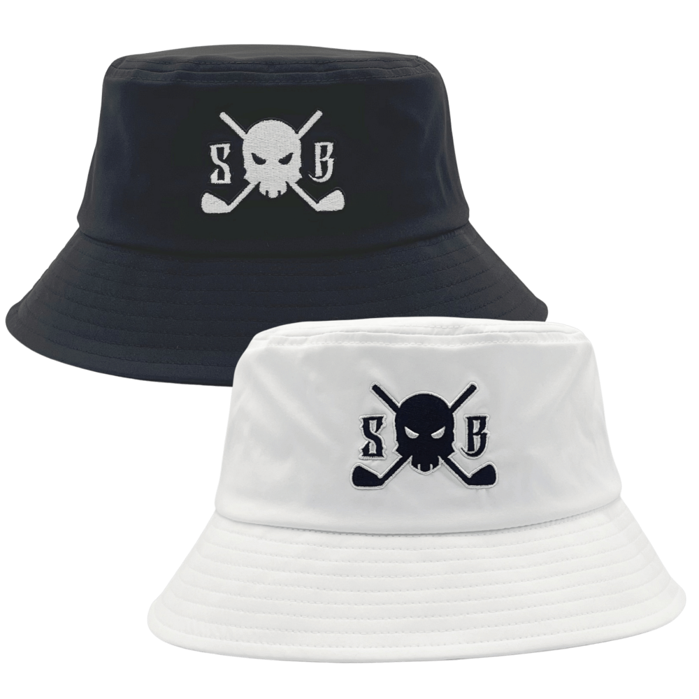 Hydro-Shield golf bucket hat with Skull & Bogeys logo, front view