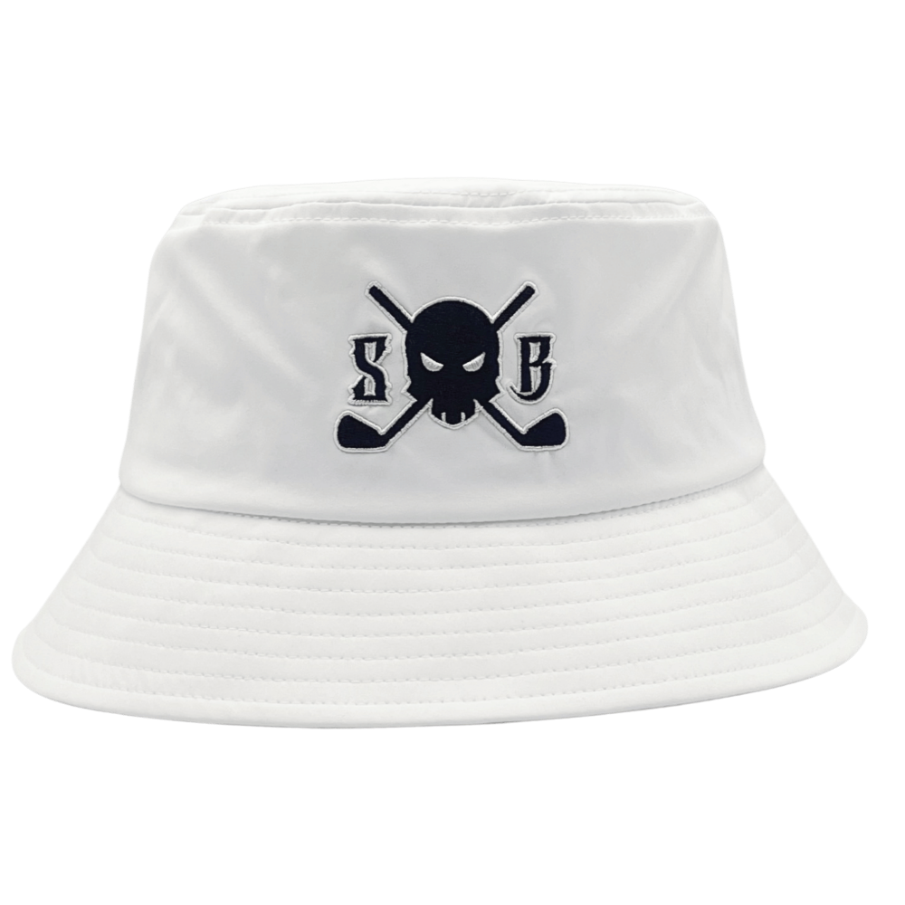 A white bucket hat featuring a black embroidered logo on the front with a skull and crossed golf clubs flanked by the letters 'S' and 'B'.