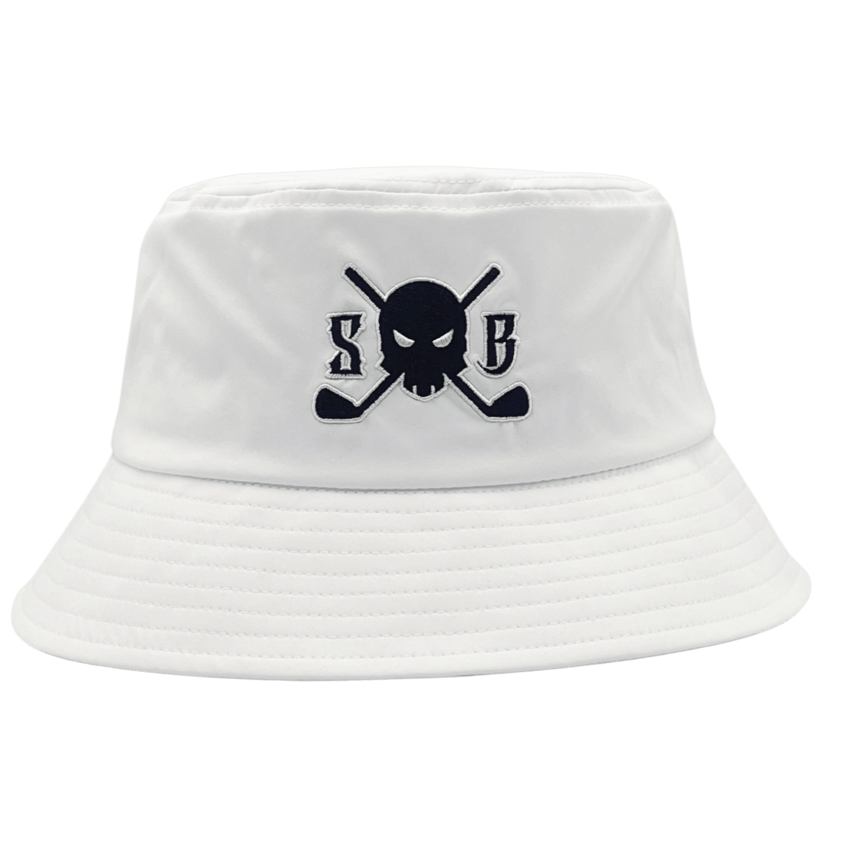 A white bucket hat featuring a black embroidered logo on the front with a skull and crossed golf clubs flanked by the letters 'S' and 'B'.