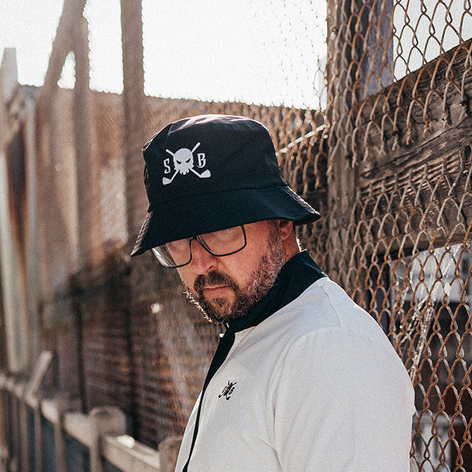 Hydro-Shield golf bucket hat with Skull & Bogeys logo, front view