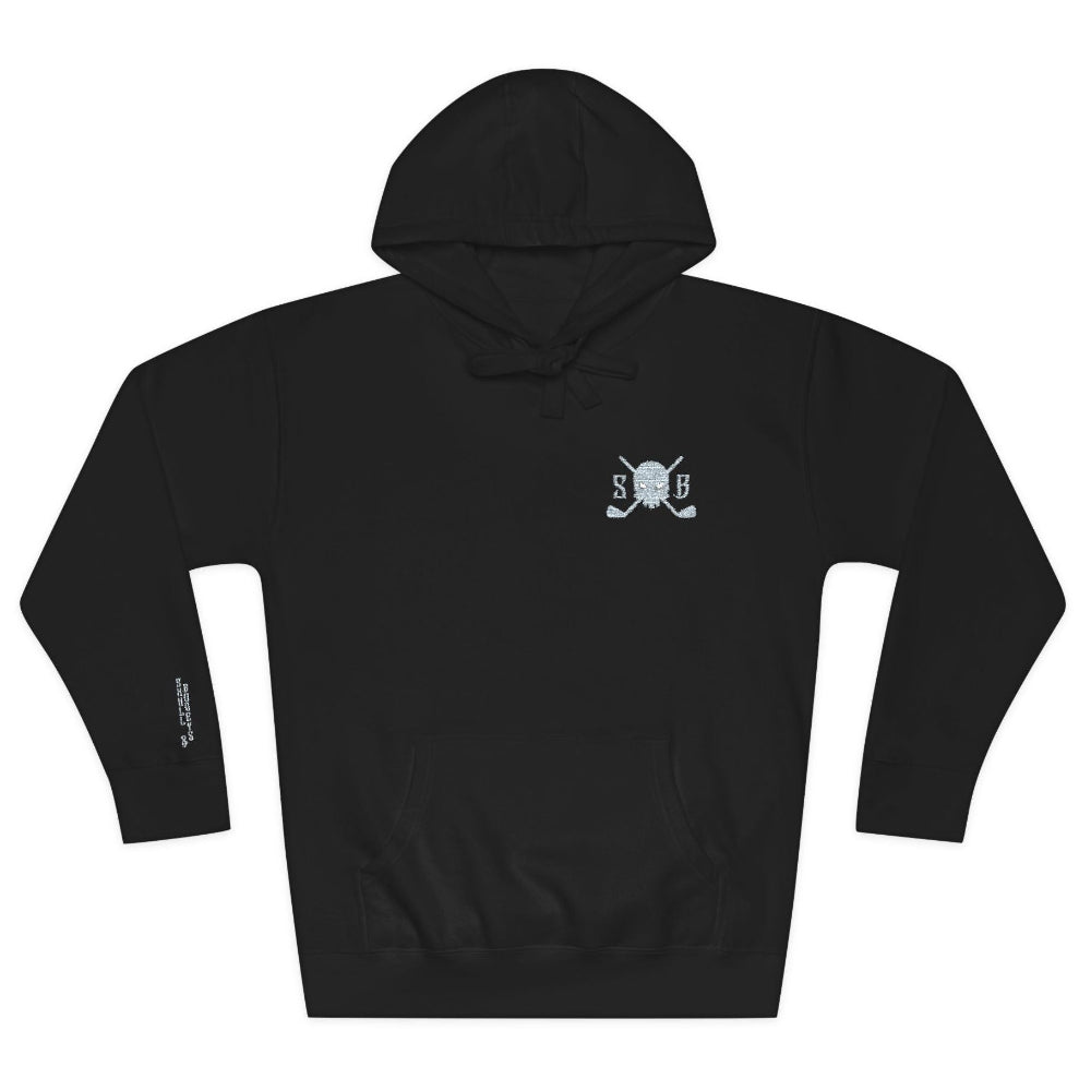 International Corsair heavyweight hoodie, front view with muted embroidered chest emblem
