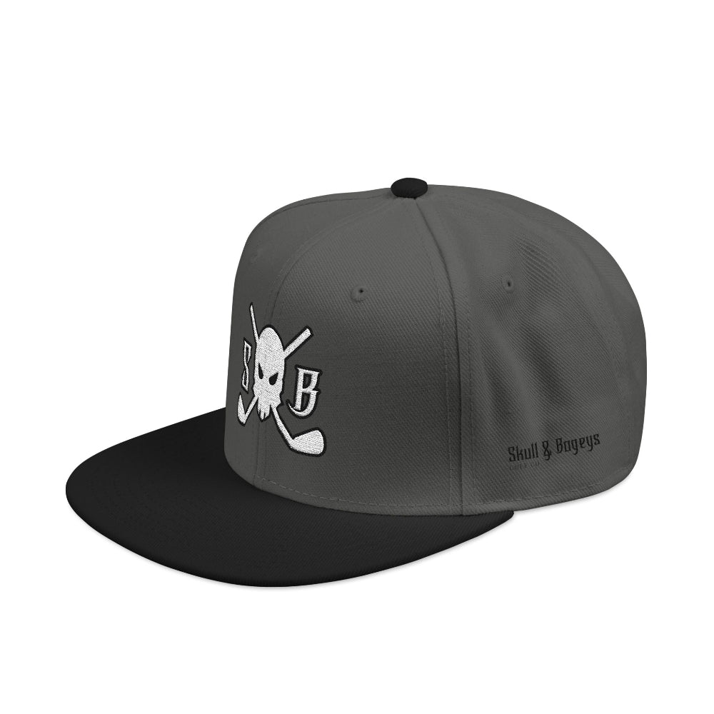 Black cap with a logo and text on a white background