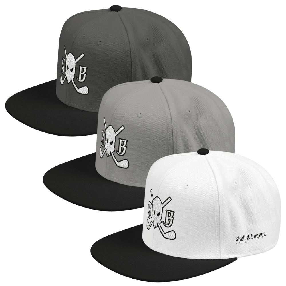 Black, Gray, and white high-profile 6-panel wool-blend snapback hat with flat brim