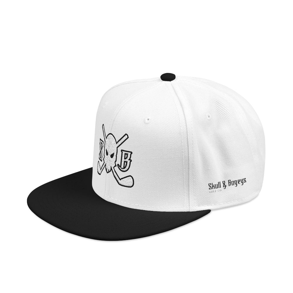 White and black cap with a unique design on a white background