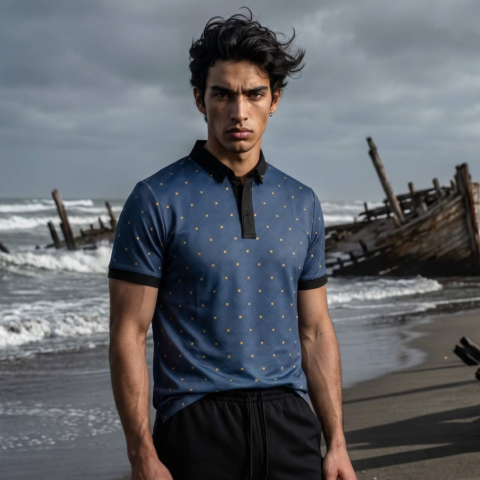 Man standing on a beach with a shipwreck in the background