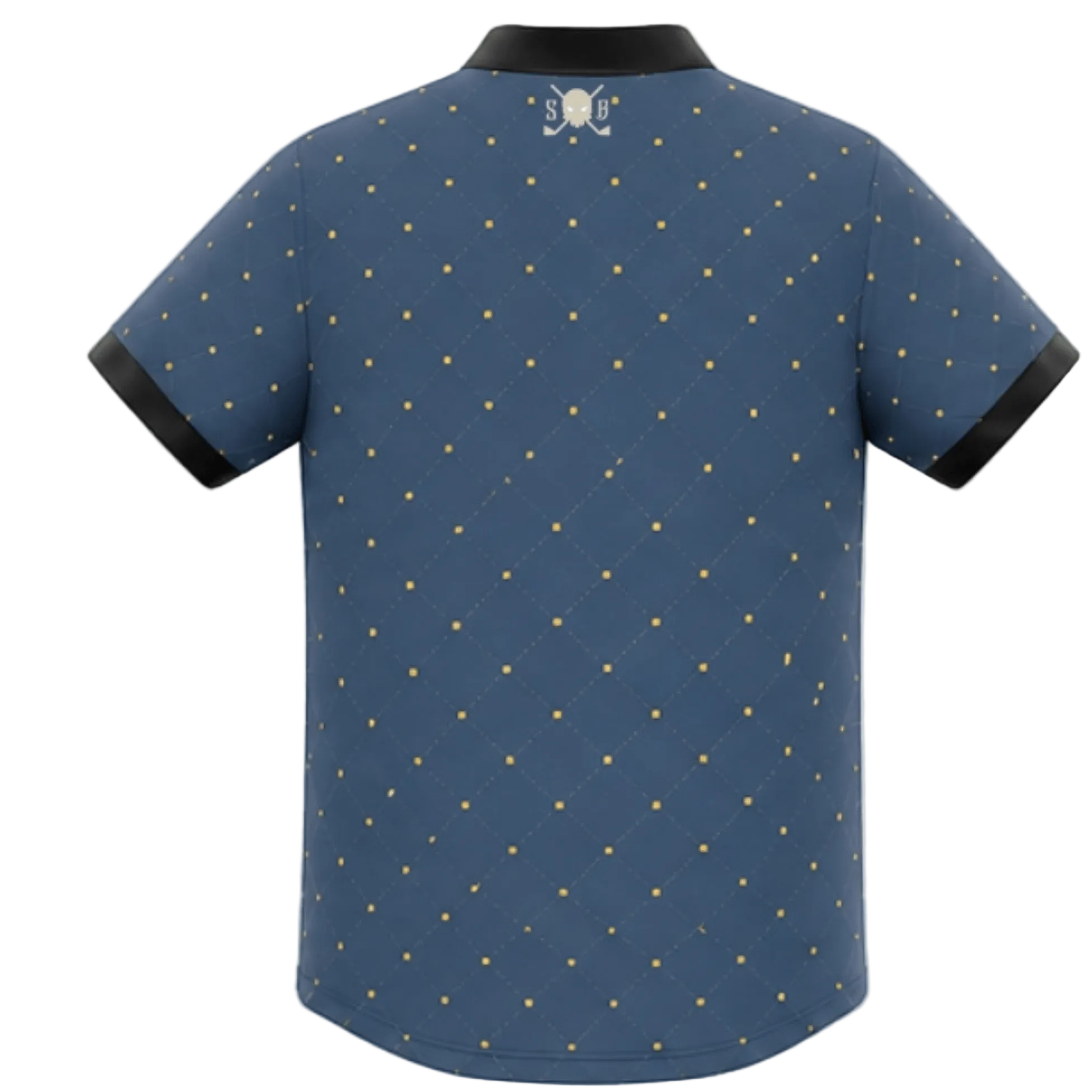 Blue polo shirt with gold polka dot pattern on a white background