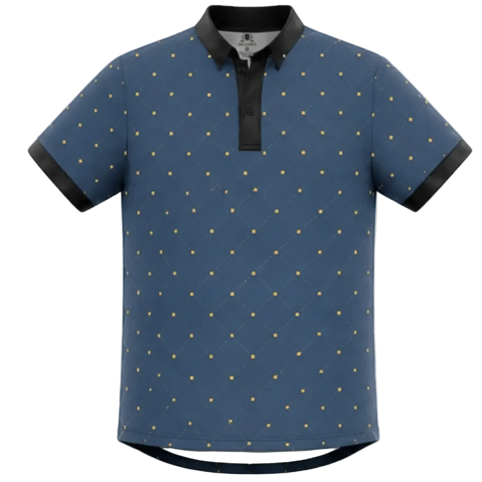 Blue polo shirt with black and white trim on a white background
