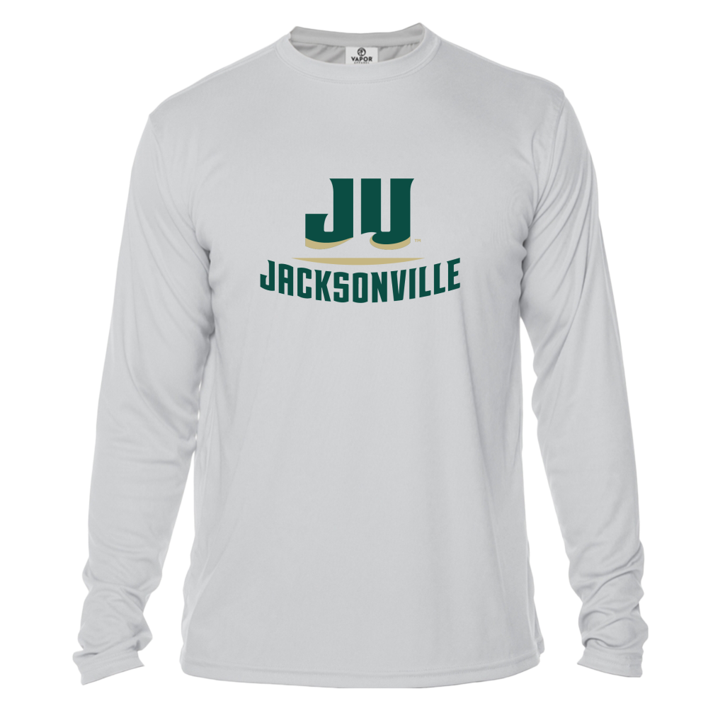Jacksonville University men’s long sleeve UPF 50+ rash guard, front view with chest graphic