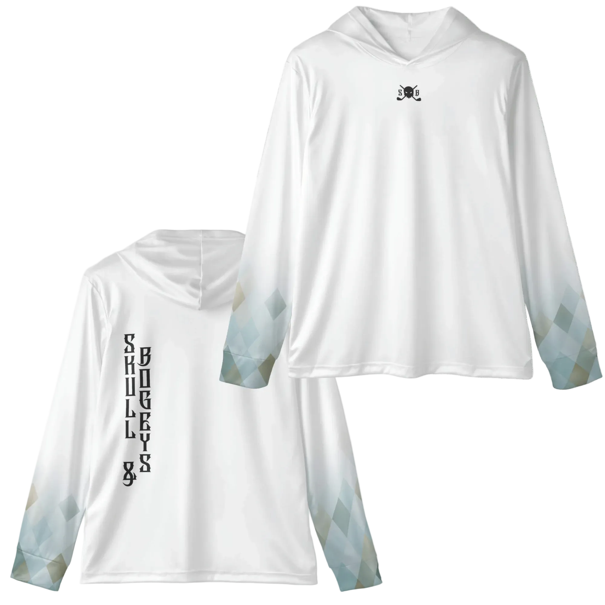 White long-sleeve shirt with gradient sleeves and text on a white background