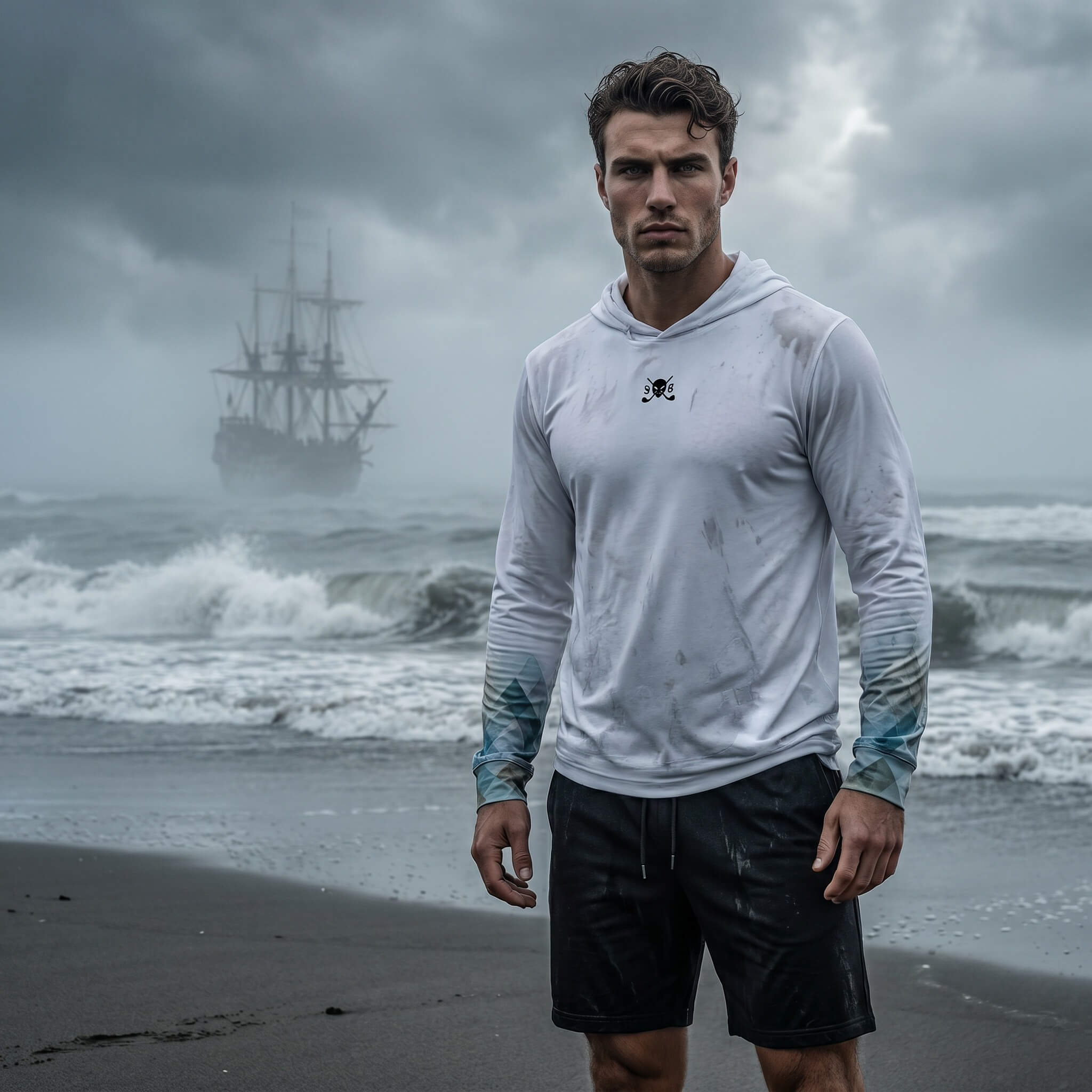 Man standing on a beach with a ship in the distance on a stormy day