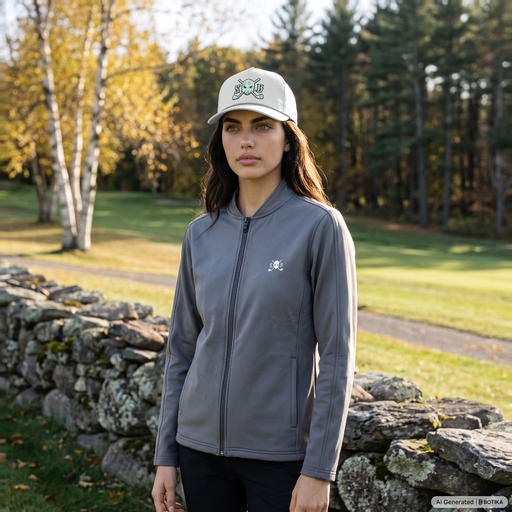 Skull & Bogeys Ladies’ Gray Sails Bundle with Fog Grey women’s tech jacket and gray golf rope hat