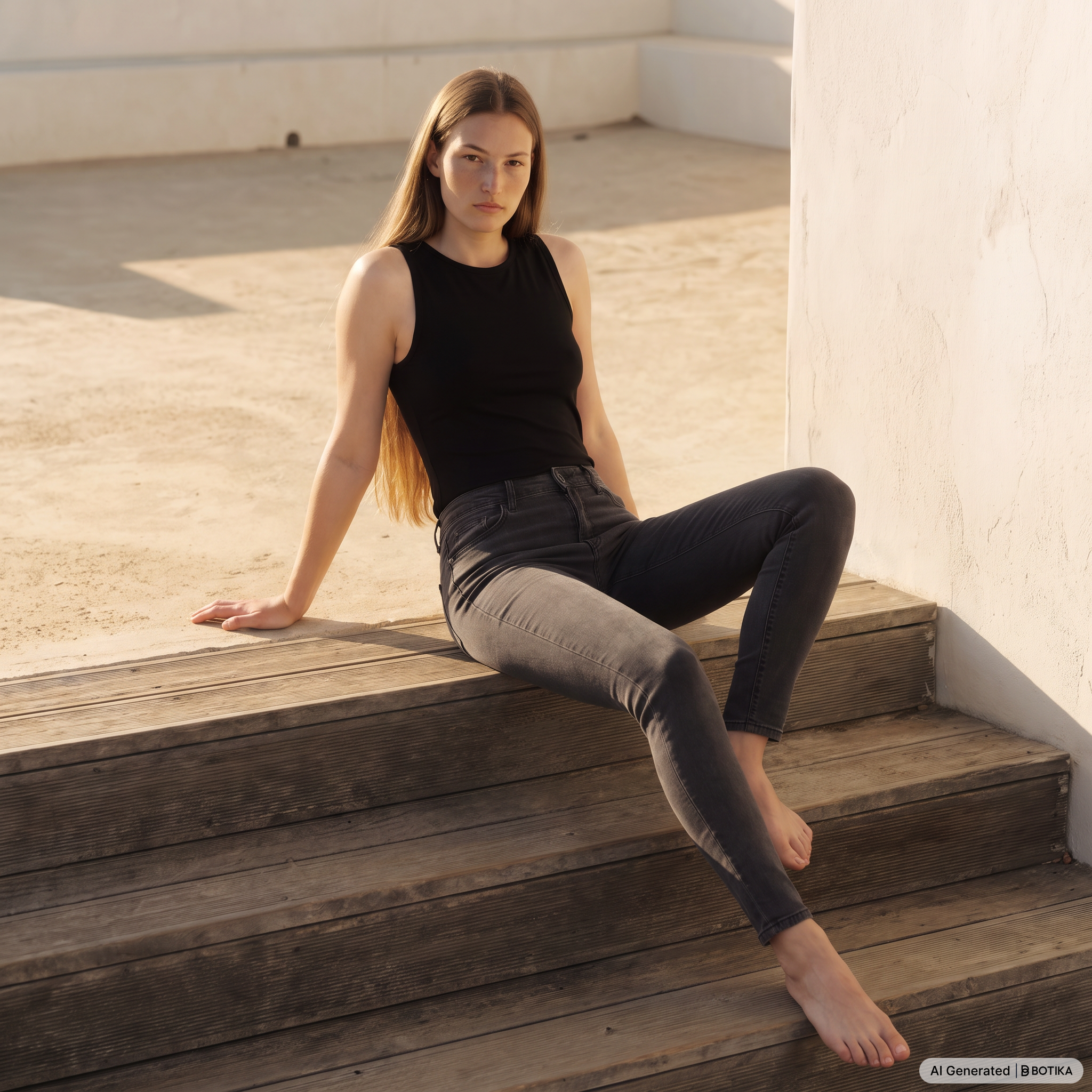 A woman sits barefoot on wooden steps outdoors, wearing a black sleeveless top and dark gray skinny jeans. The background features a textured white wall and sandy ground under warm sunlight.