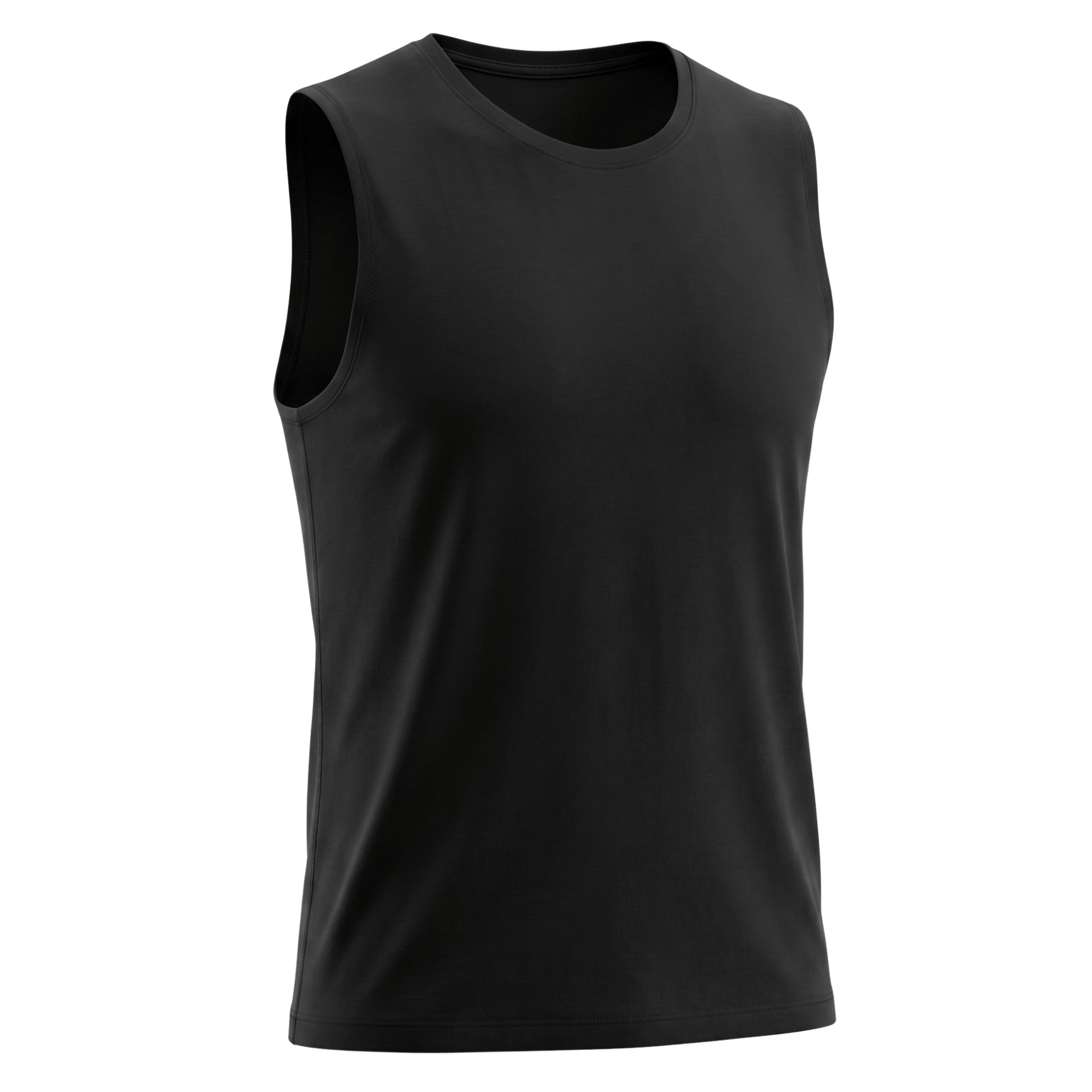 A plain black sleeveless athletic tank top with a crew neck, shown on a solid white background.