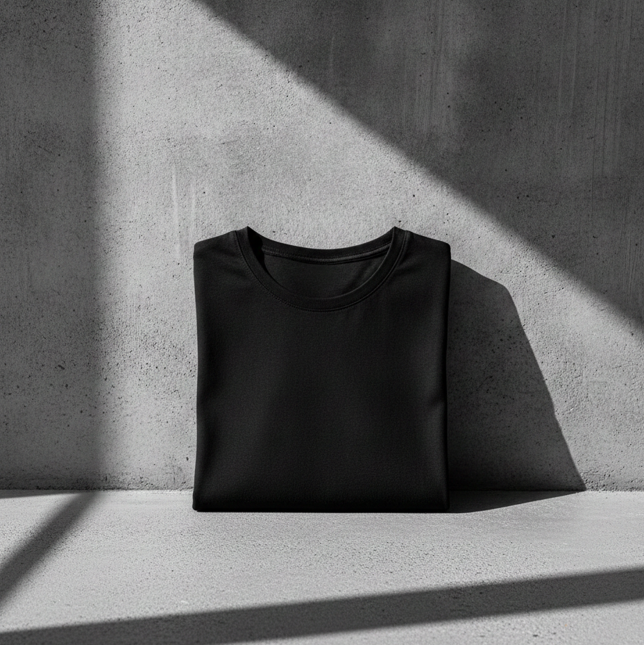 A folded black crewneck t-shirt is displayed on a light gray concrete surface against a textured gray concrete wall, with dramatic diagonal shadows casting across the scene.