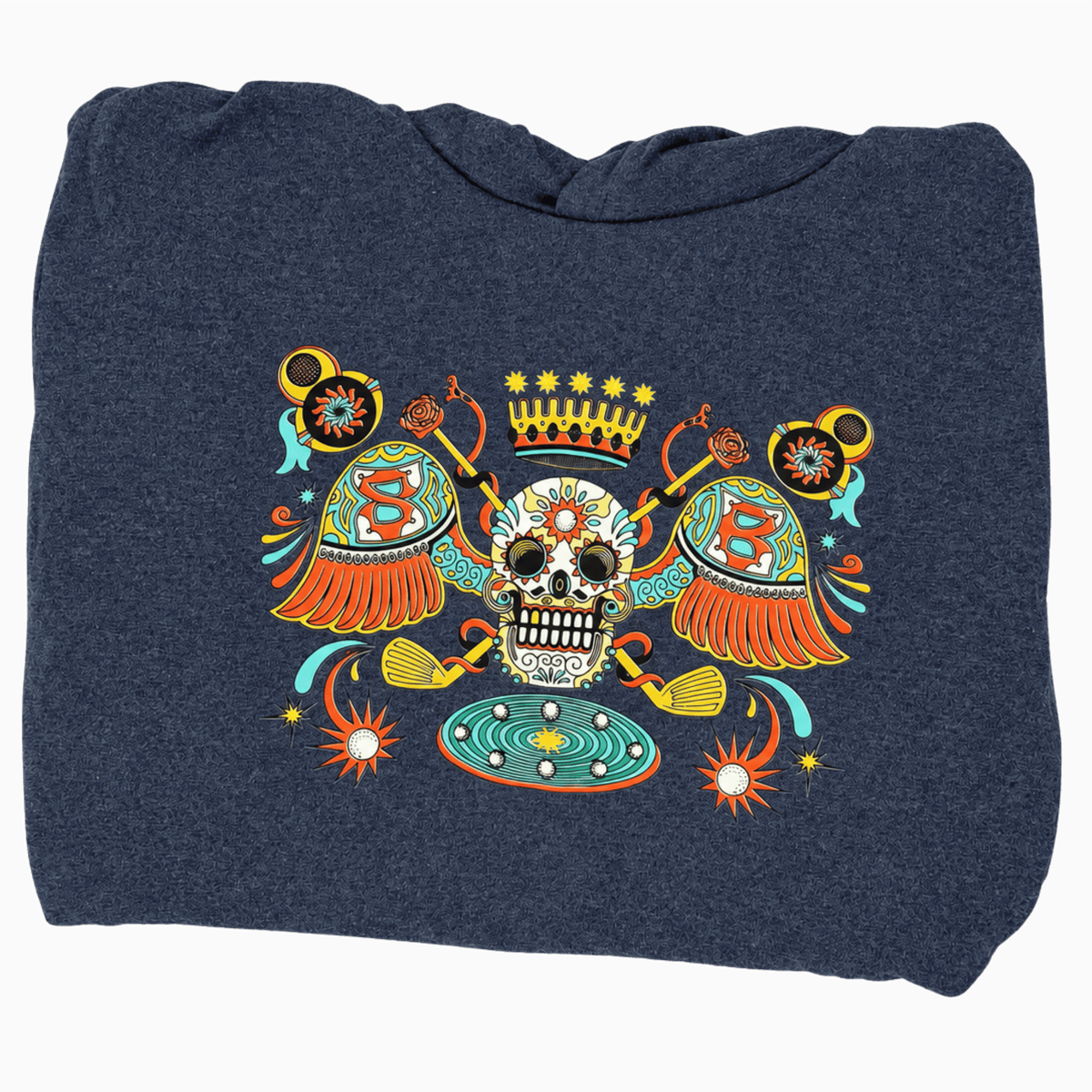 A navy blue heathered t-shirt folded flat, featuring a colorful graphic print of a Day of the Dead skull, a gold crown, and two crossed baseball bats with the number 8.