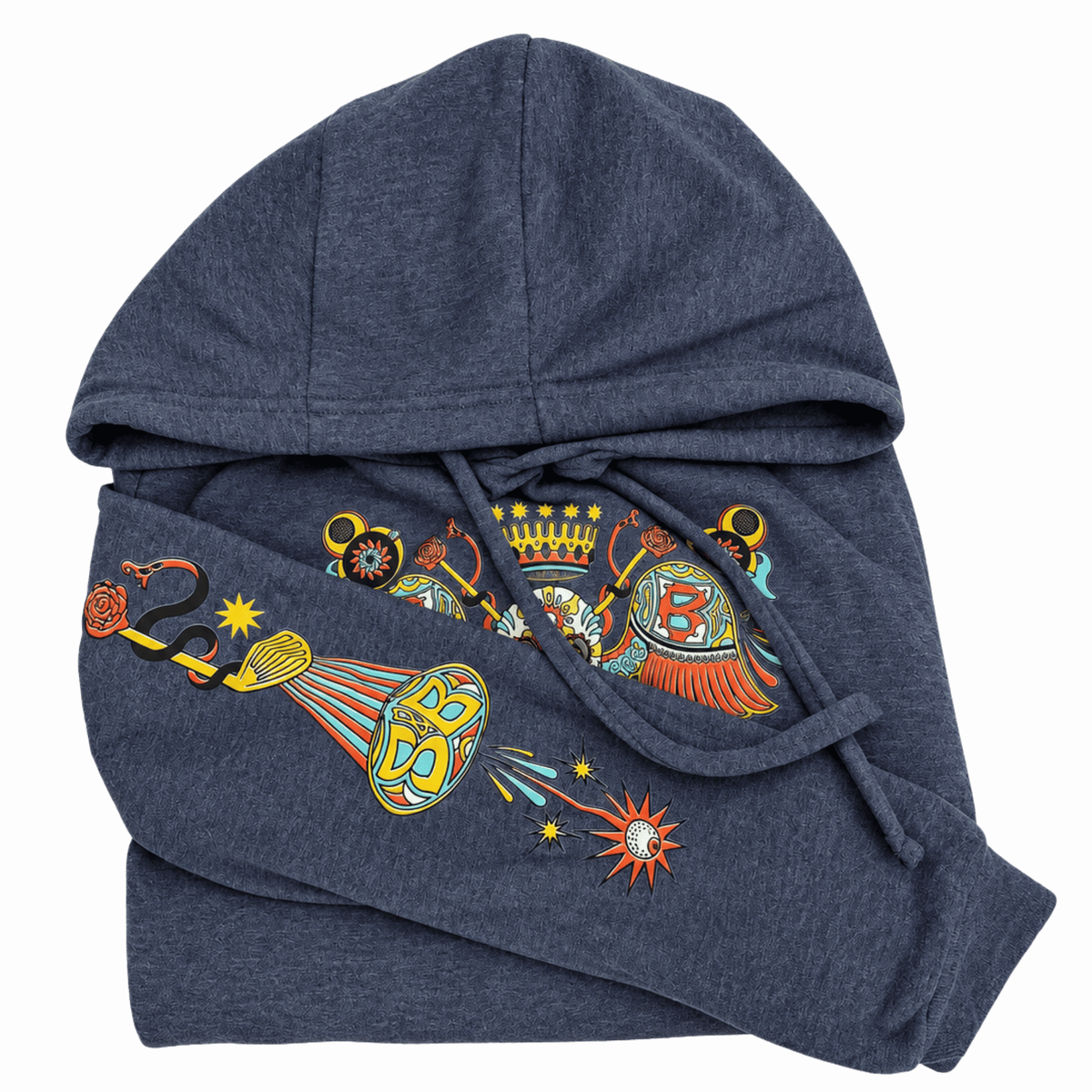 A navy blue heathered hoodie with a detailed multicolor graphic print featuring a snake, a golden sun, a crown, and a stylized letter 'B' on the sleeve, shown on a clean white background.