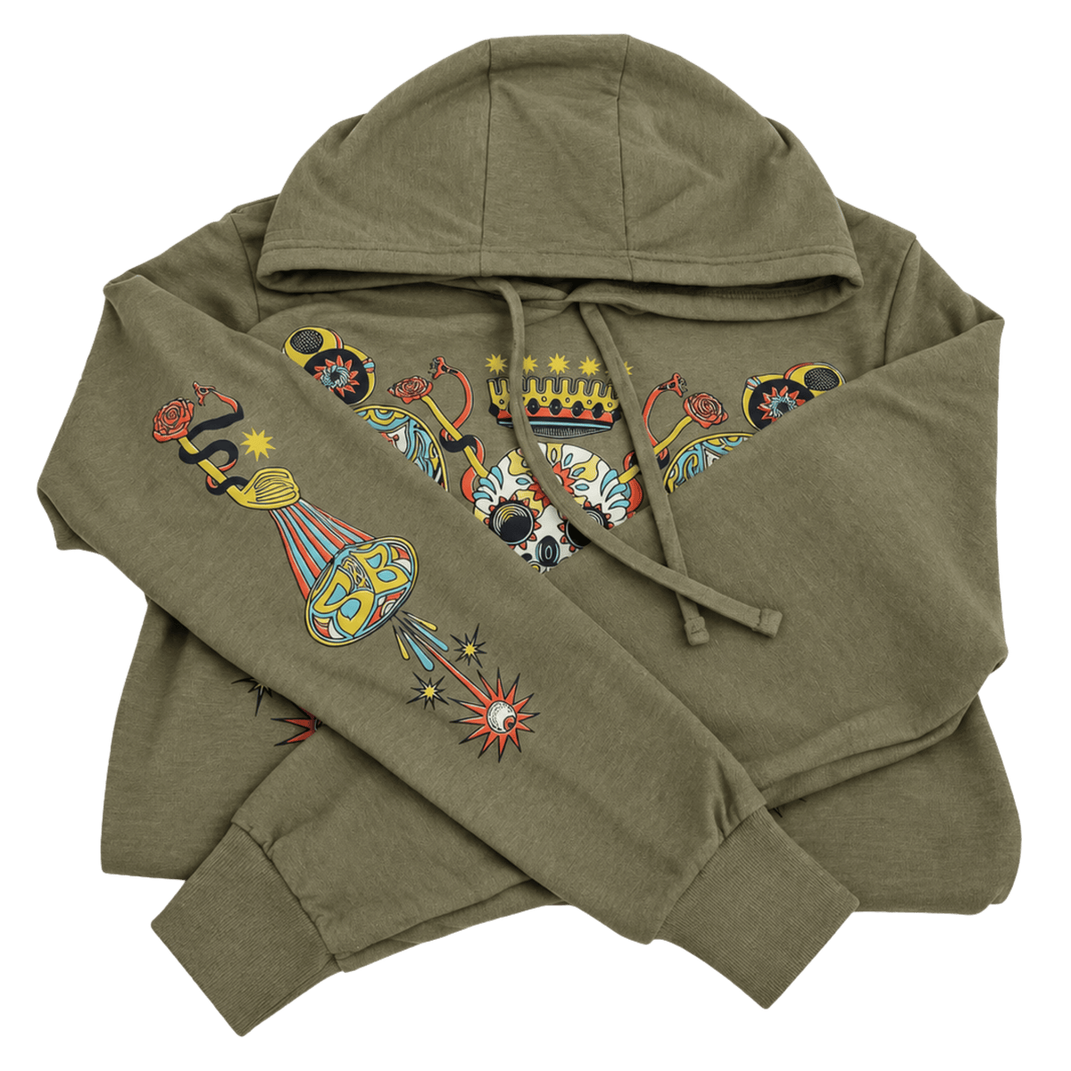 An olive green hoodie with a detailed multicolor graphic print featuring a hot air balloon, a crown, and decorative elements on the chest and sleeves, shown on a plain white background.