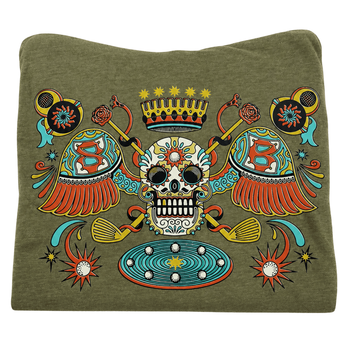 An olive green crewneck sweatshirt featuring a large, colorful Day of the Dead sugar skull graphic on the front, complete with a crown, crossed guitars, and decorative elements.