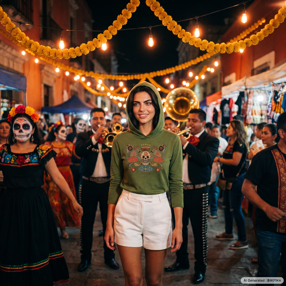 A woman stands in a nighttime street festival wearing an olive green hoodie with a colorful skull graphic and white shorts. The scene is decorated with yellow flower garlands and warm string lights, with musicians and people in traditional attire visible in the background.