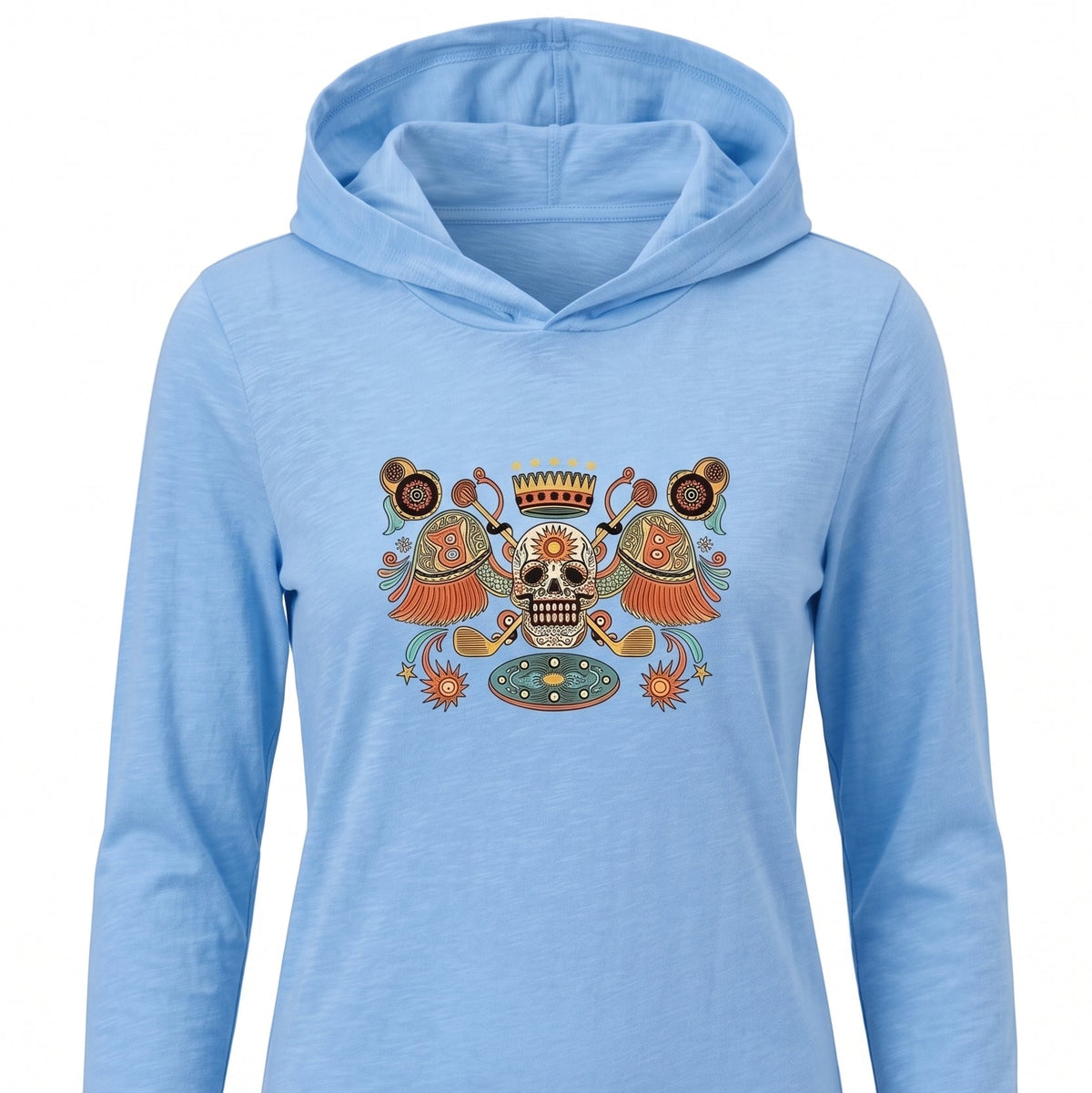 A light blue long-sleeve hooded shirt with a colorful Day of the Dead sugar skull graphic on the chest, displayed on a clean white background.