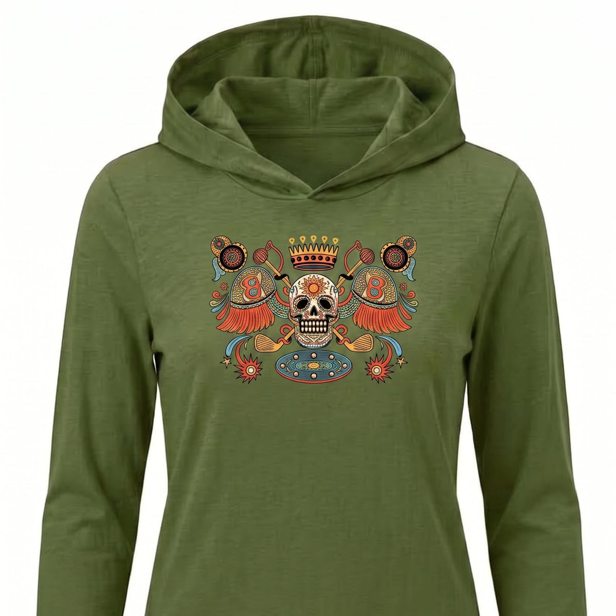 An olive green long-sleeve hoodie with a colorful graphic of a crowned skull and decorative elements on the chest, shown against a plain white background.