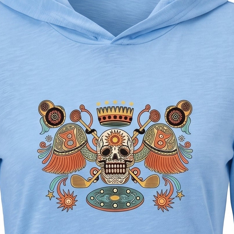 A light blue long-sleeve hooded shirt with a colorful Day of the Dead sugar skull graphic on the chest, displayed on a clean white background.