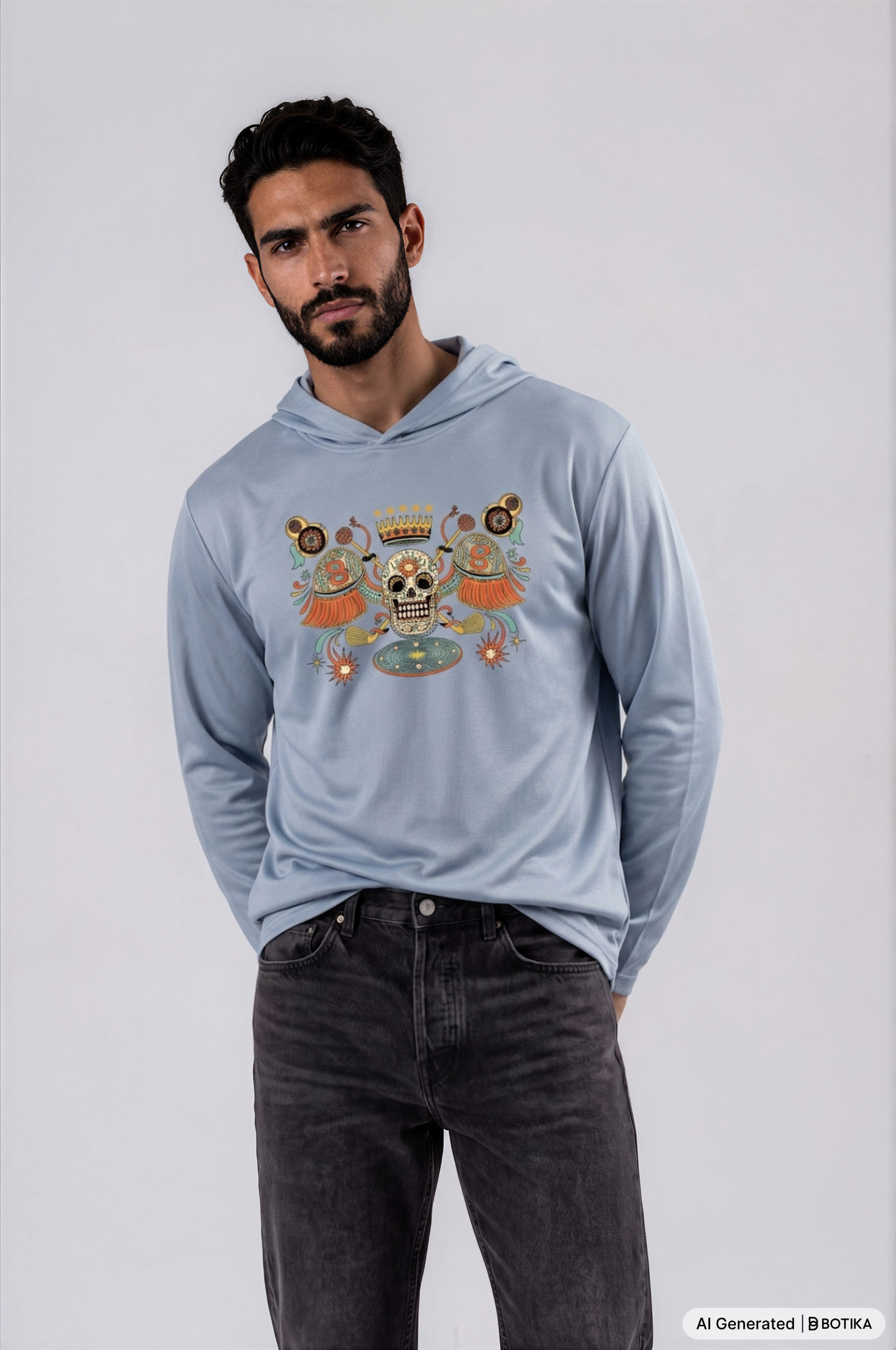 A man wearing a light blue hoodie with a colorful graphic print featuring a skull and decorative elements, paired with dark gray jeans, against a light gray background.
