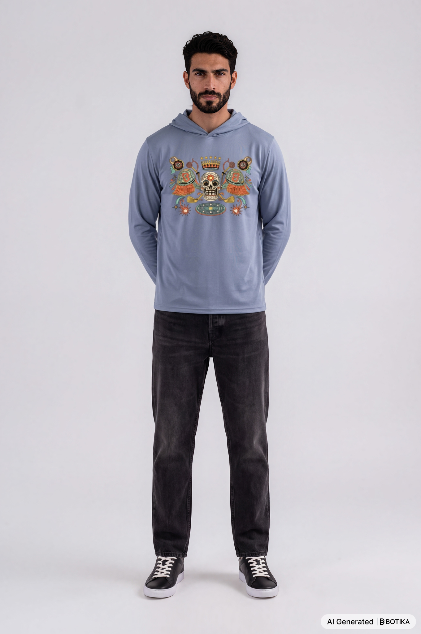 A man modeling a light blue graphic hoodie with a colorful skull and floral design on the chest, paired with dark gray jeans and black sneakers, against a light gray studio background.