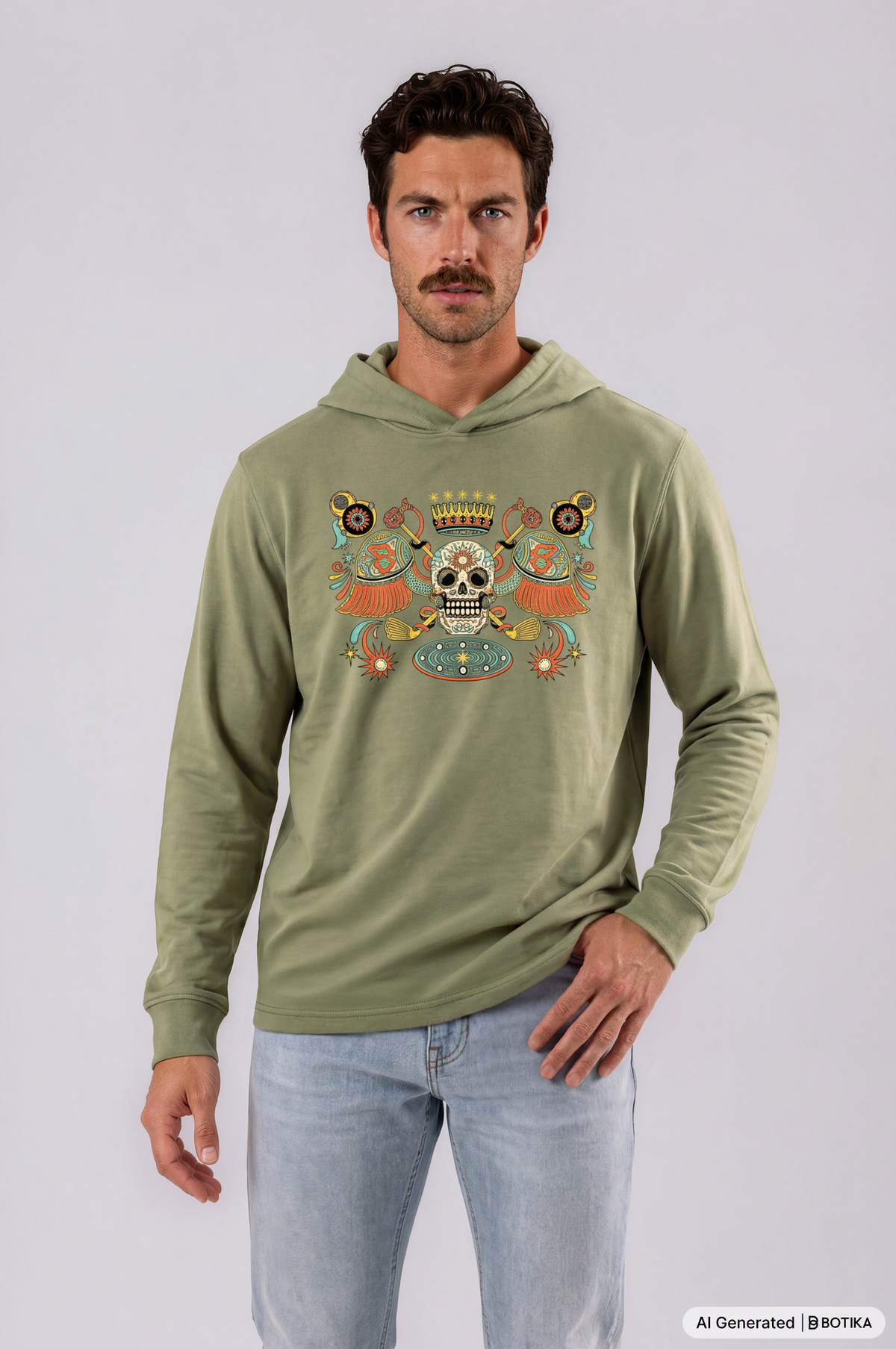 A man modeling an olive green hoodie with a colorful Day of the Dead (Dia de los Muertos) sugar skull graphic on the chest, paired with light wash blue jeans, against a light gray studio background.
