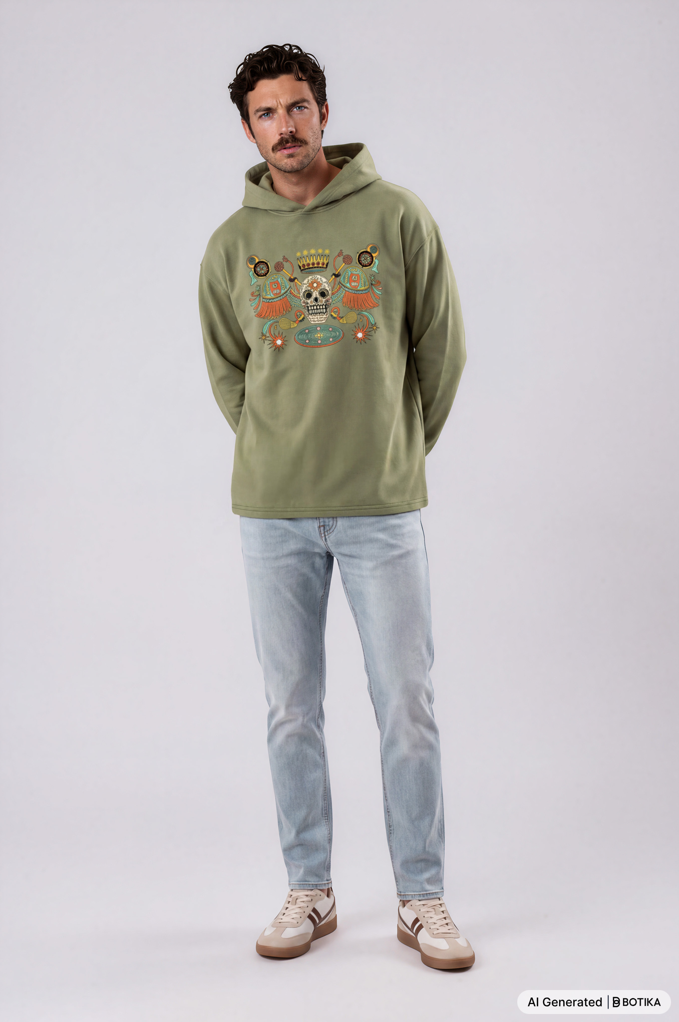 A man modeling an olive green hoodie with a colorful graphic print on the front, paired with light-wash jeans and beige sneakers, against a light gray studio background.