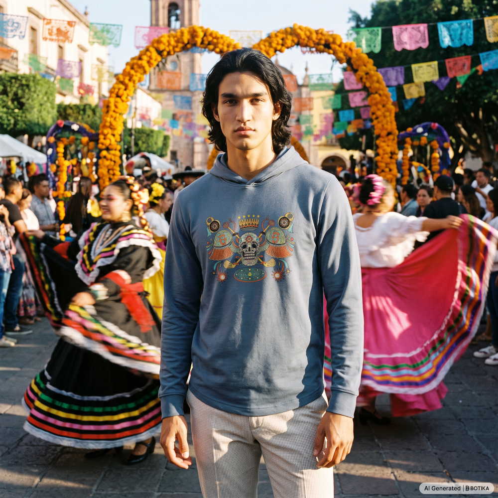 A man wearing a slate blue hoodie with a colorful Aztec skull graphic stands in the center of a festive outdoor street scene decorated with yellow arches and colorful banners.