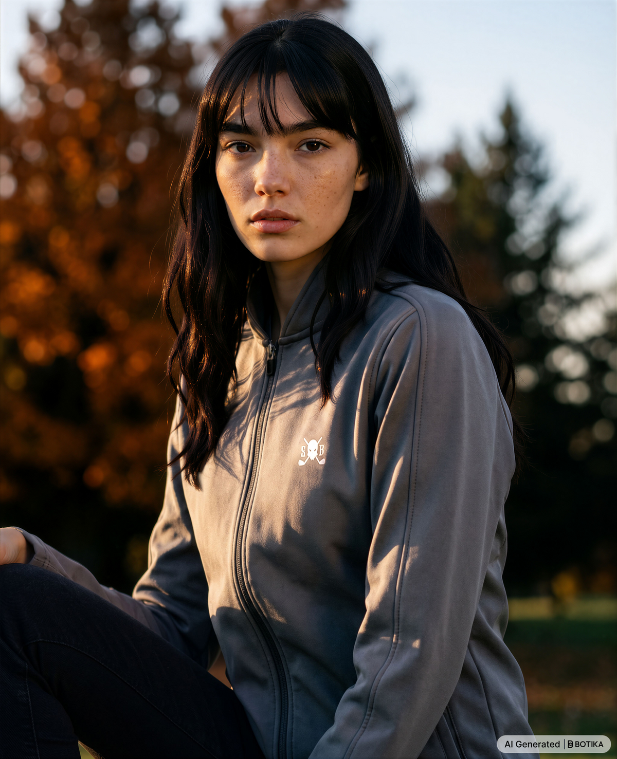 A woman wearing a gray zip-up hoodie with a small white embroidered logo on the left chest, photographed outdoors with trees and warm sunlight in the background.