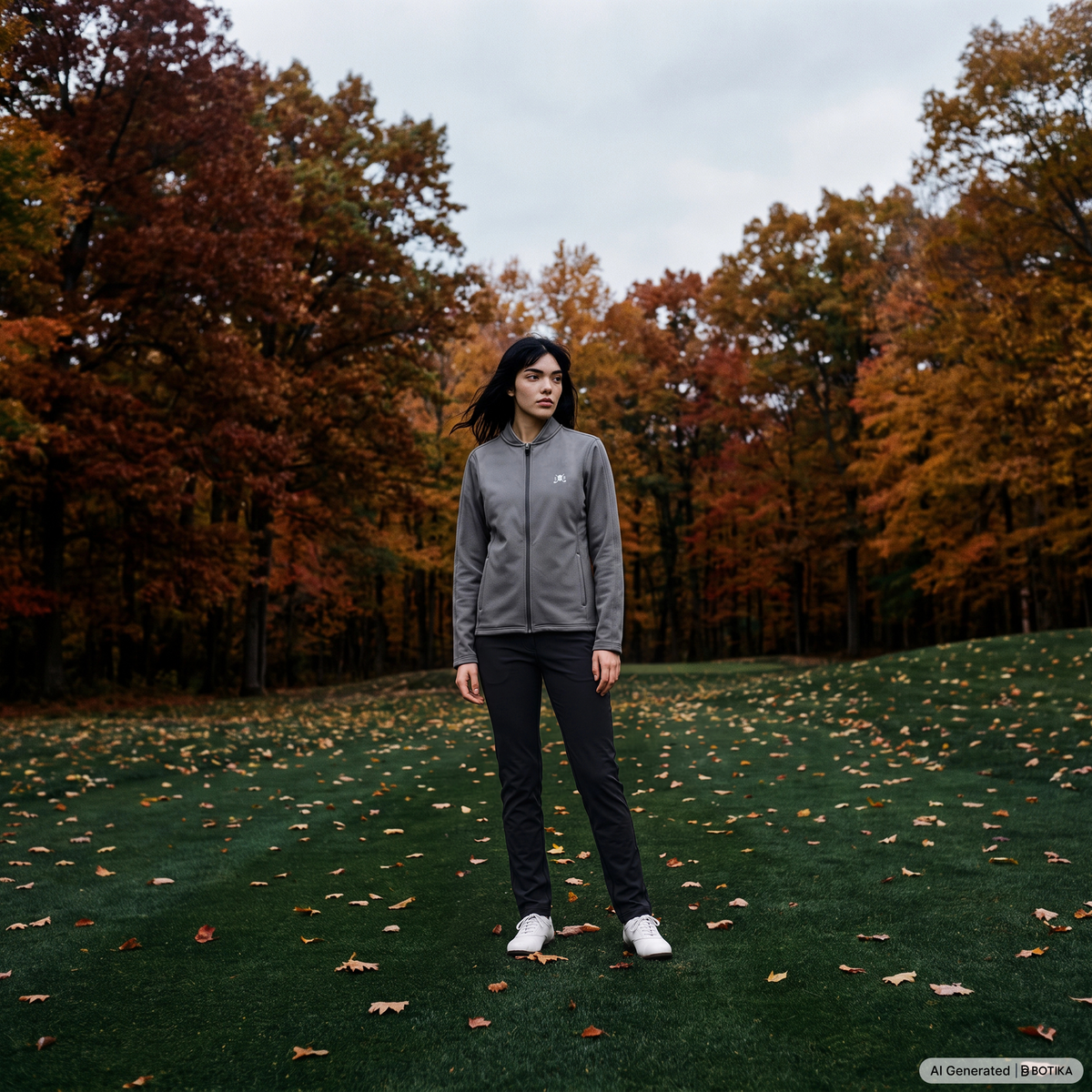 A woman stands on a grassy hill scattered with autumn leaves, wearing a gray zip-up athletic jacket, black pants, and white sneakers, with a forest of orange and brown trees in the background.