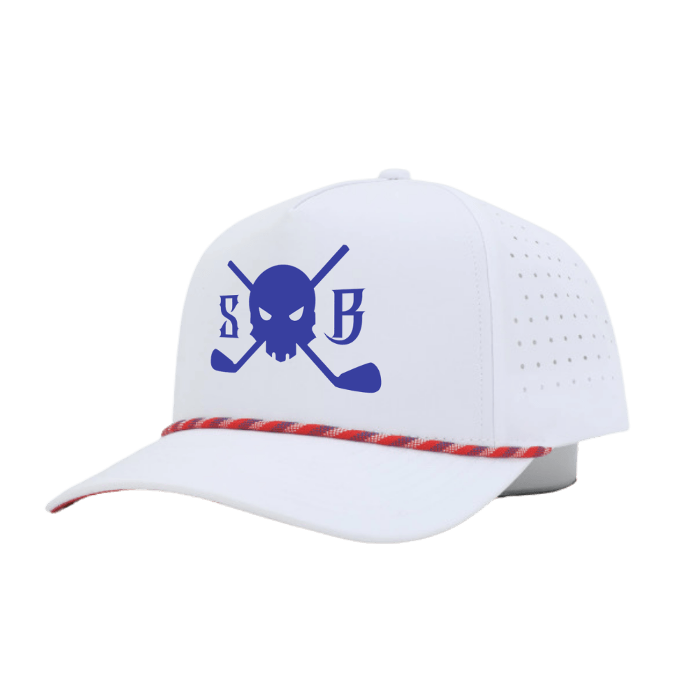 White cap with blue skull and crossbones design on a white background