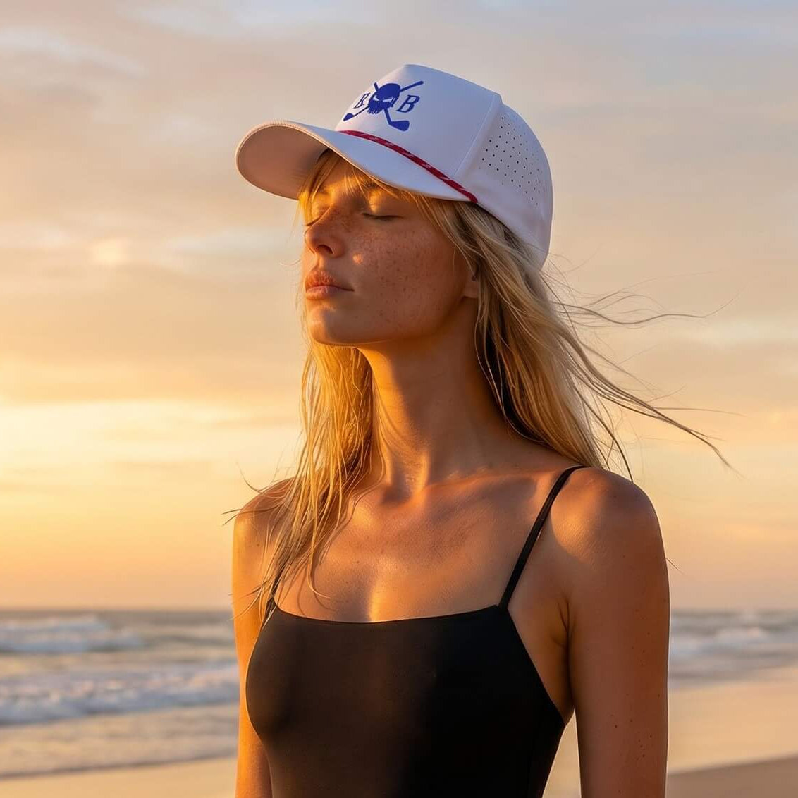 Woman in a black swimsuit and white cap on a beach at sunset