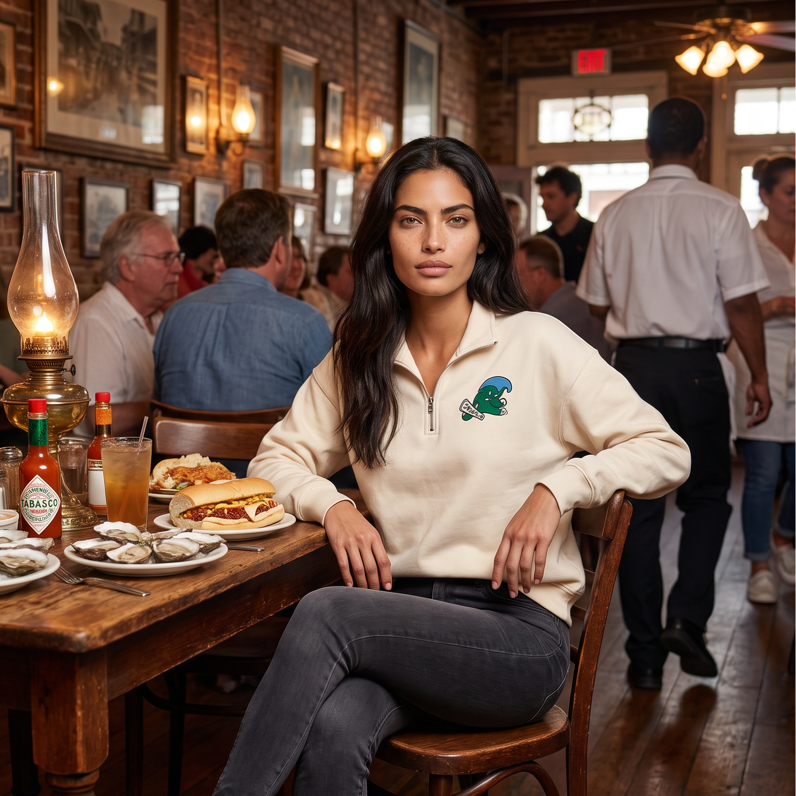 A woman sits at a wooden table in a busy restaurant setting, wearing a cream-colored quarter-zip sweatshirt with a small green and blue graphic on the left chest, dark gray jeans, and beige sneakers. The table is set with food, drinks, and condiments.