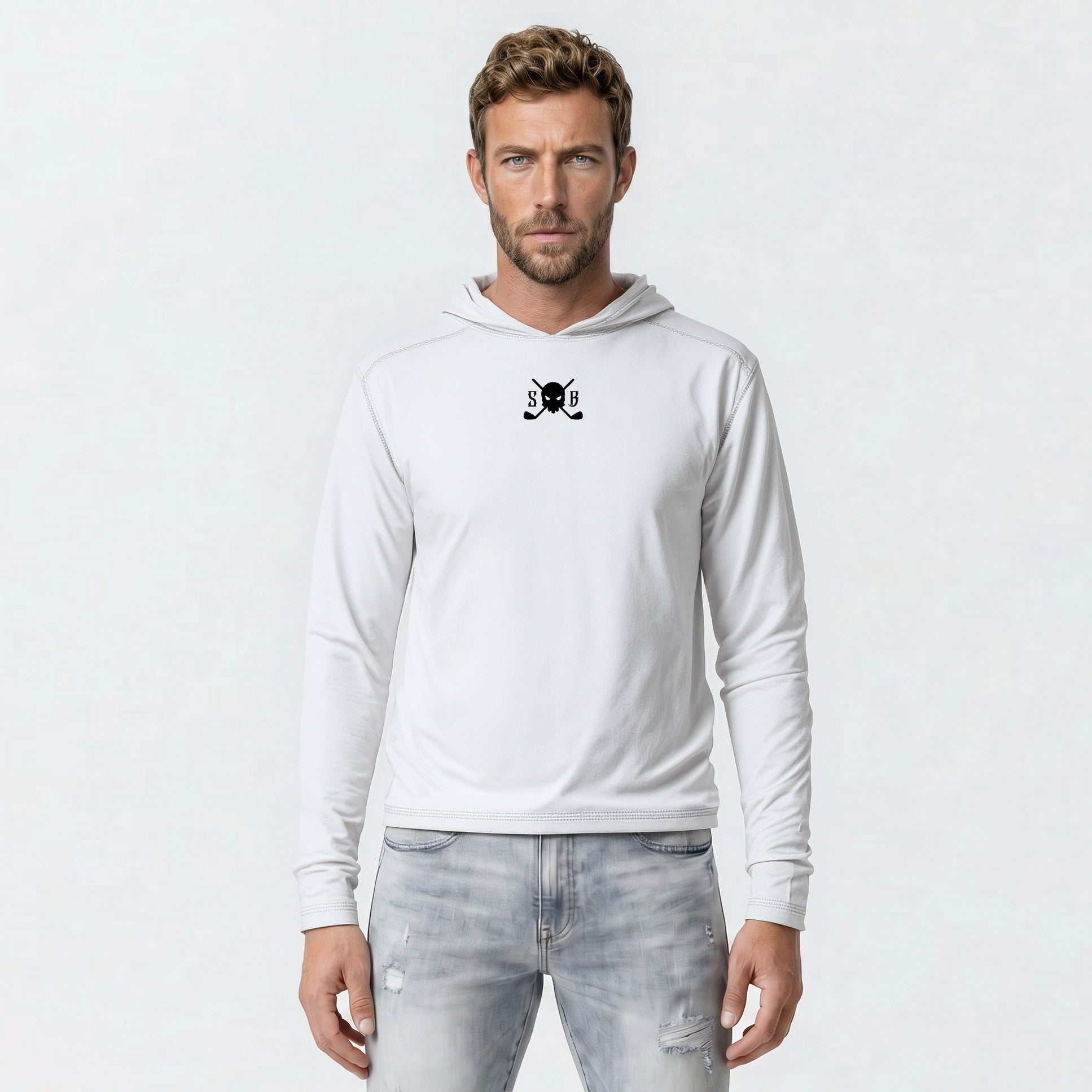 Man wearing a white hoodie with a logo on a light gray background