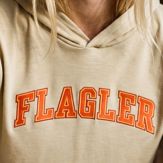 A blonde woman sits cross-legged in a sunlit interior with carved wood and tiled walls, wearing a beige hoodie with the word "FLAGLER" in orange varsity-style lettering across the chest.