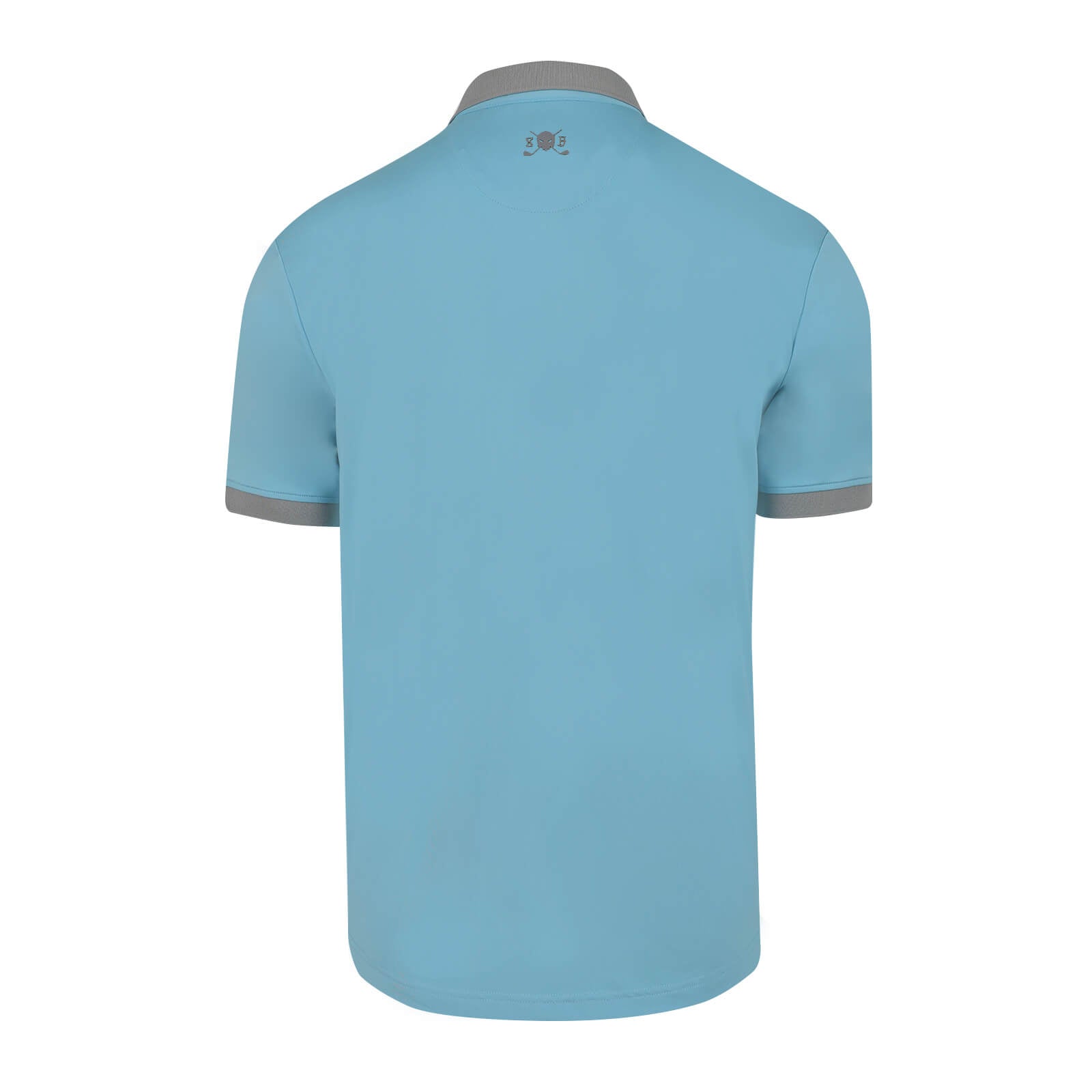 A light blue Skull & Bogeys Golf Co. short-sleeve polo shirt shown from the back, featuring a contrasting gray collar and sleeve trim, with a small logo printed at the center of the neck.